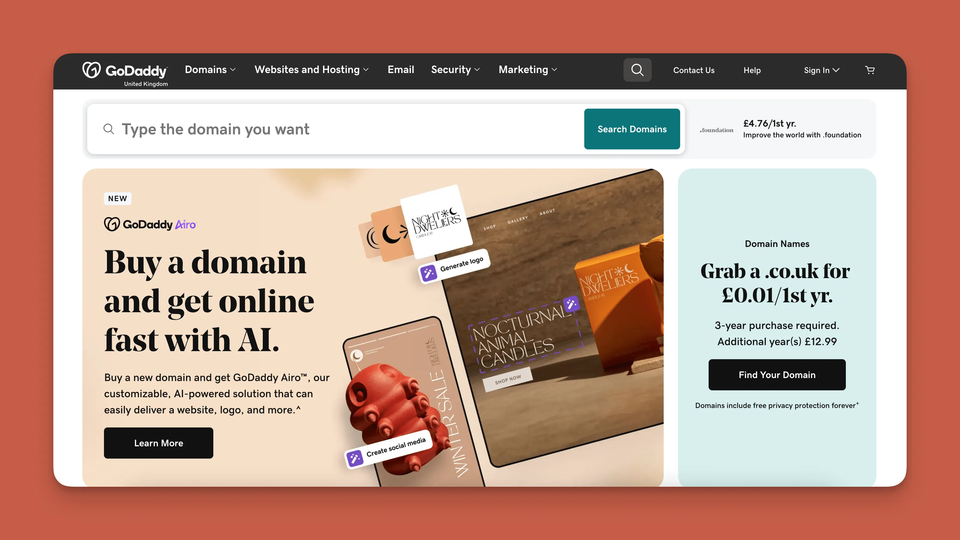 GoDaddy website builder interface