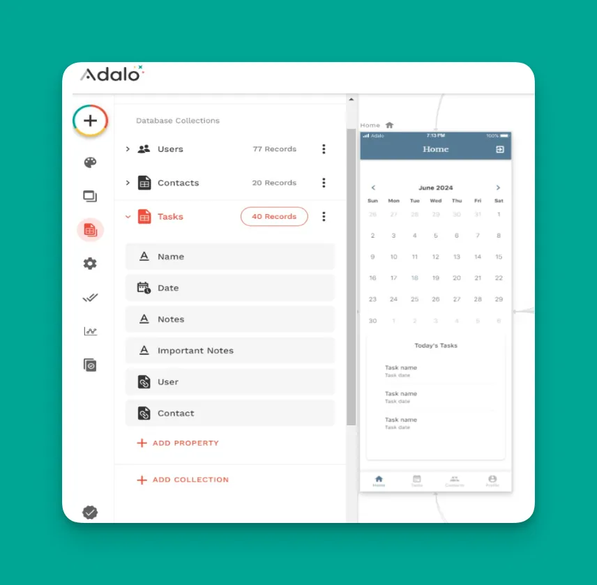 Adalo database collections and properties interface