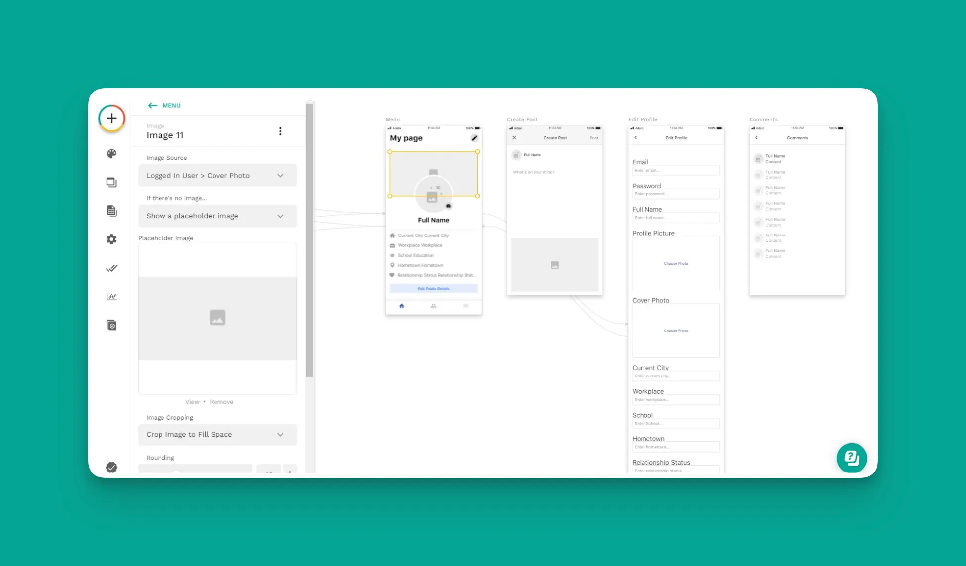 Adalo Facebook clone template screenshot