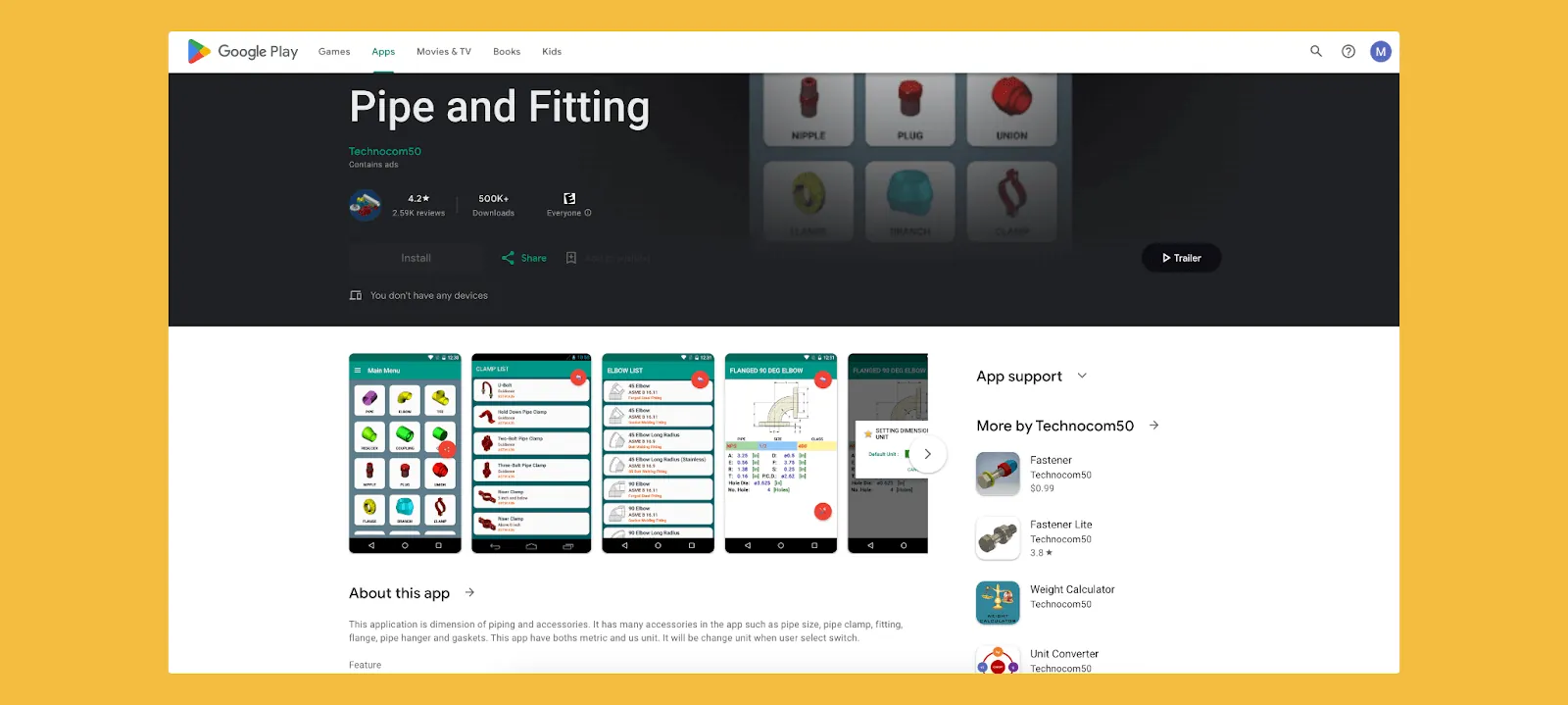 Pipe and Fitting app interface