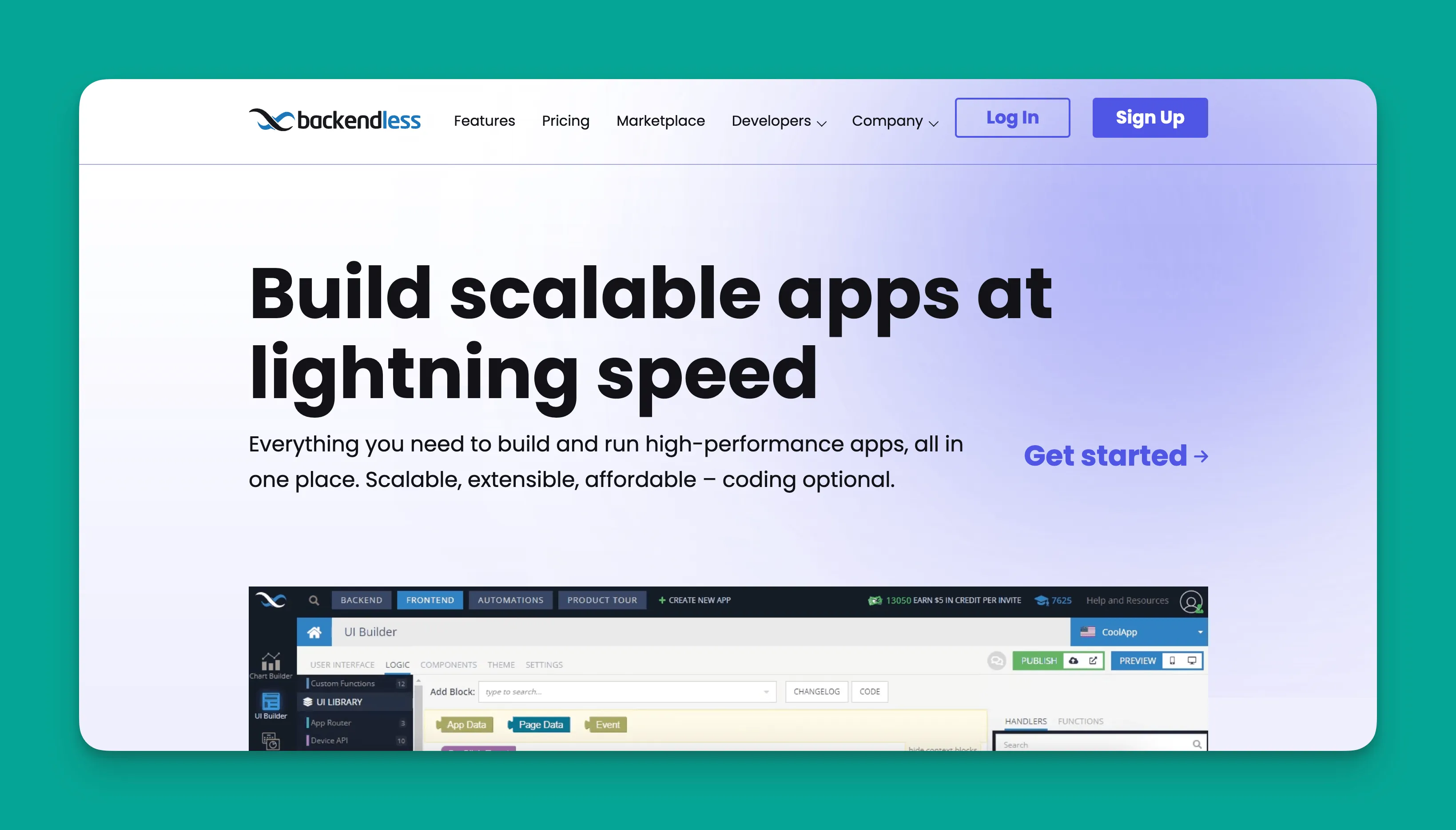 Backendless visual backend builder interface showing Codeless logic editor