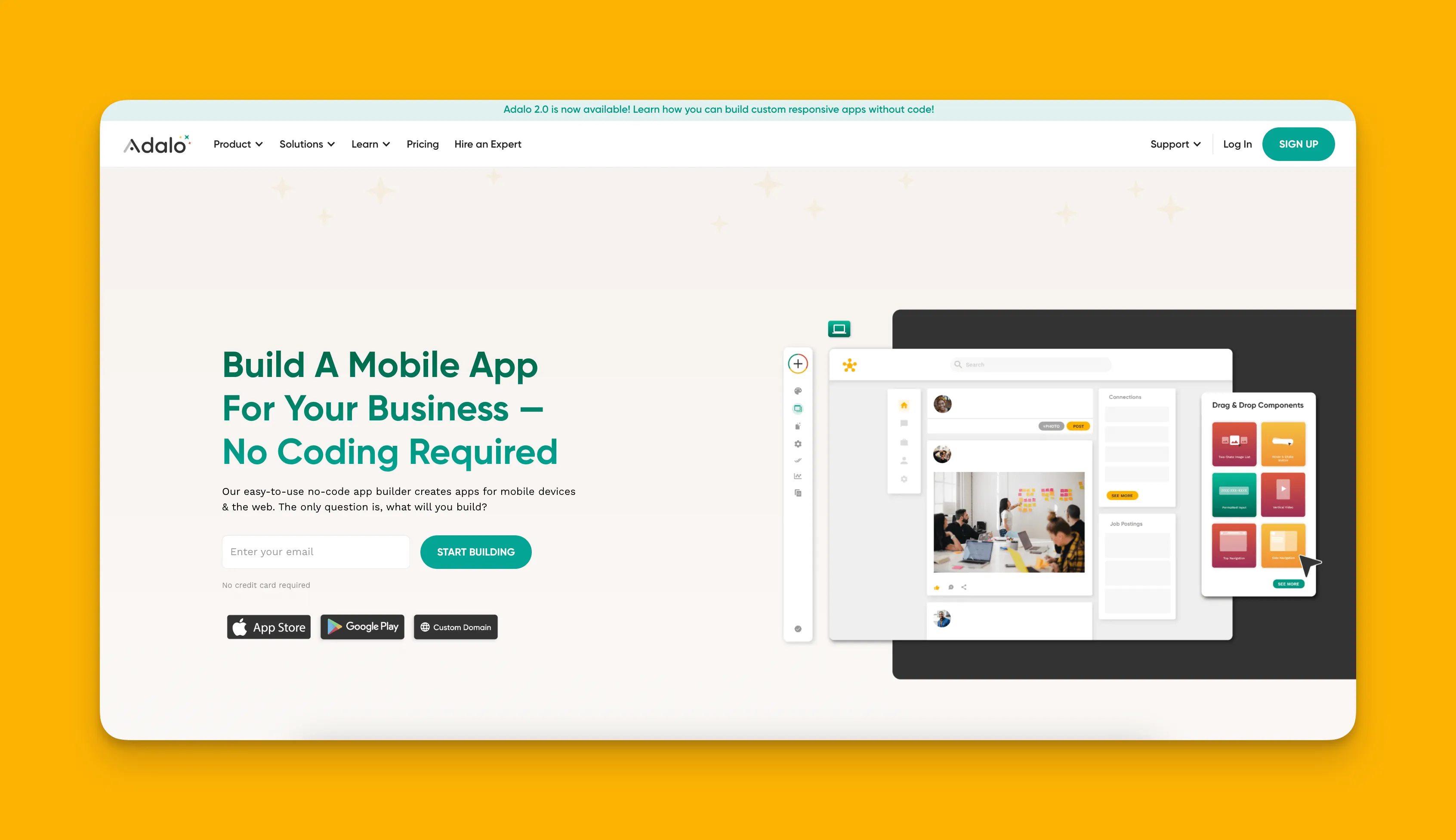Adalo app builder interface showing drag-and-drop design capabilities