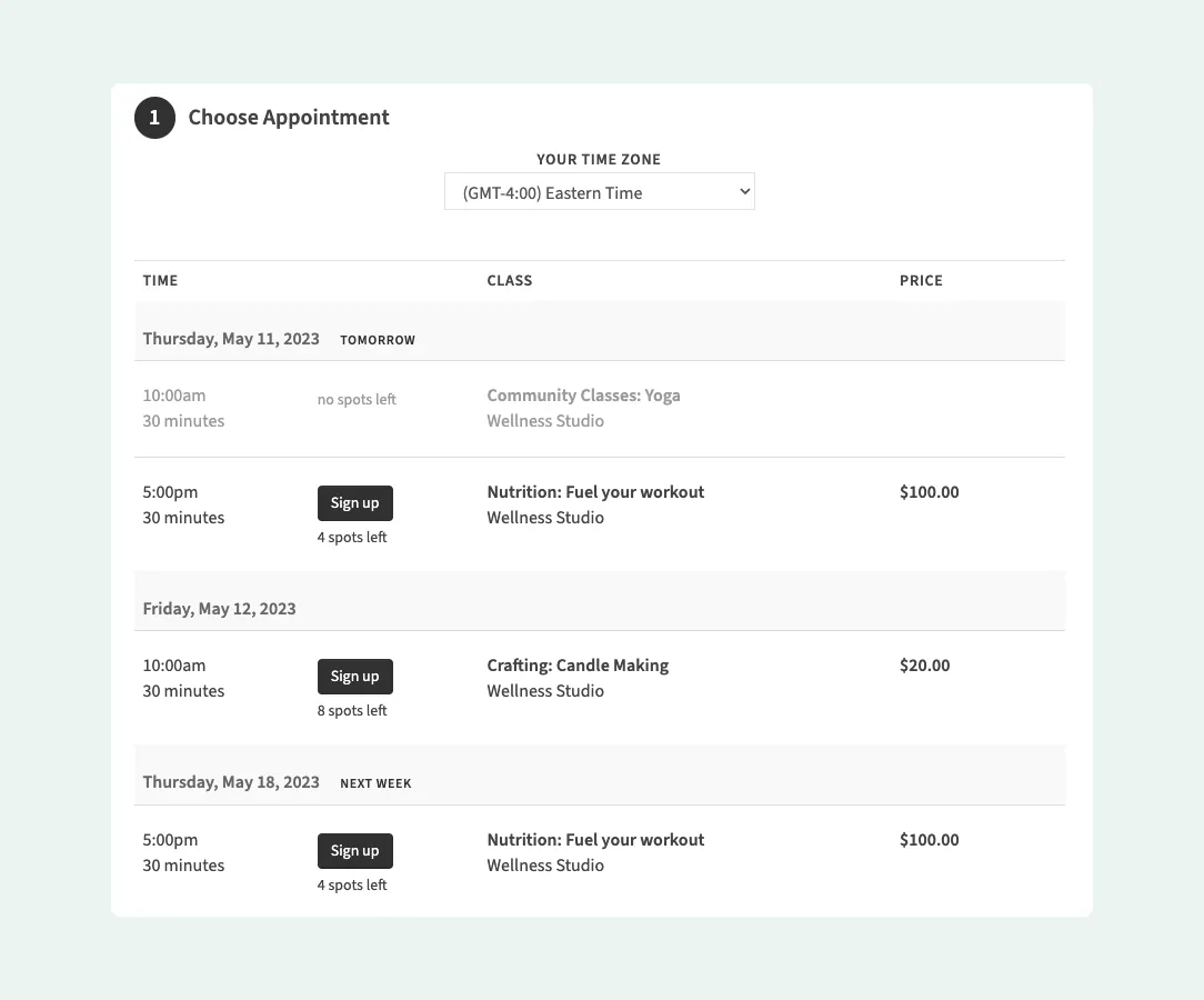 Acuity Scheduling interface