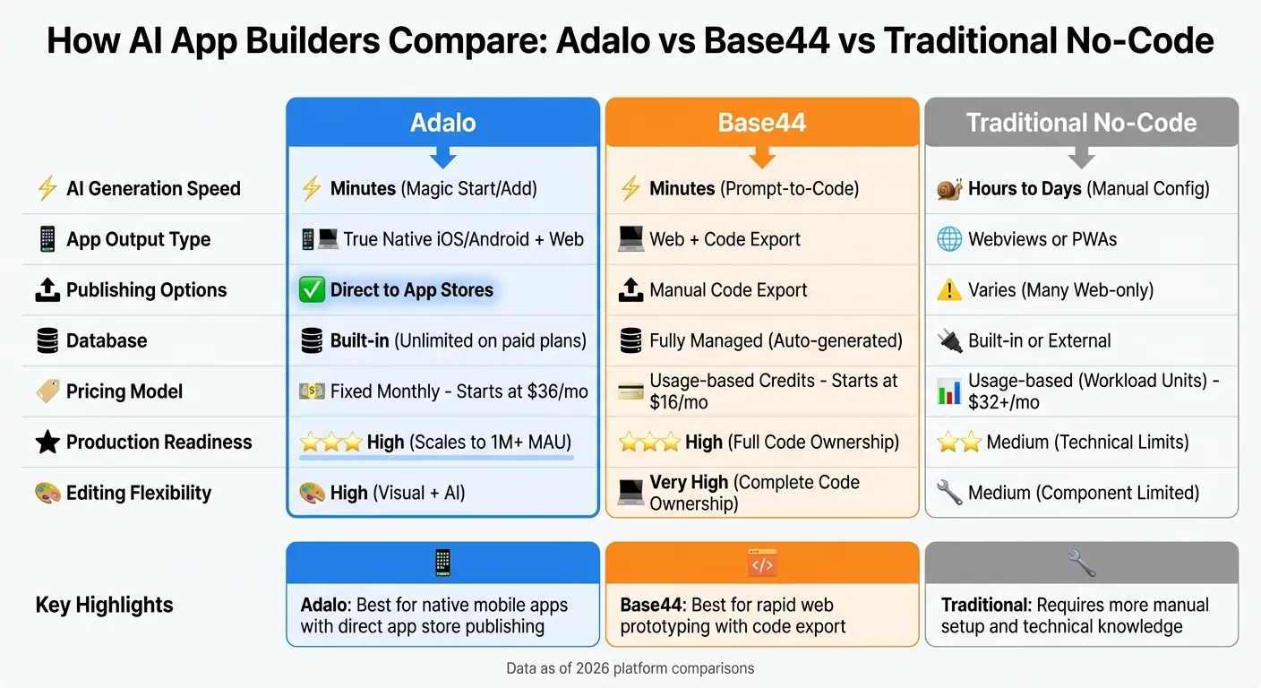 AI App Builder Comparison: Adalo vs Base44 vs Traditional No-Code Platforms