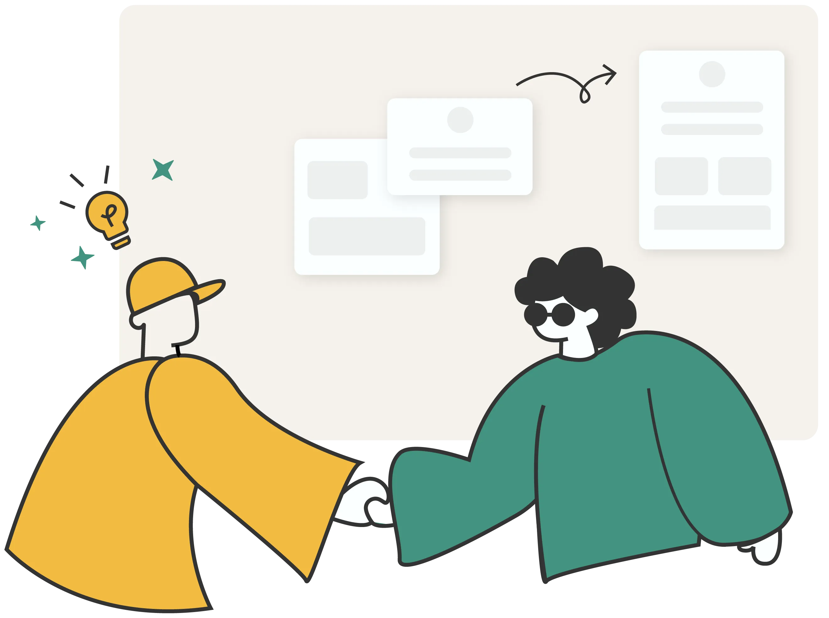 Two people collaborating on an app project — handshake illustration