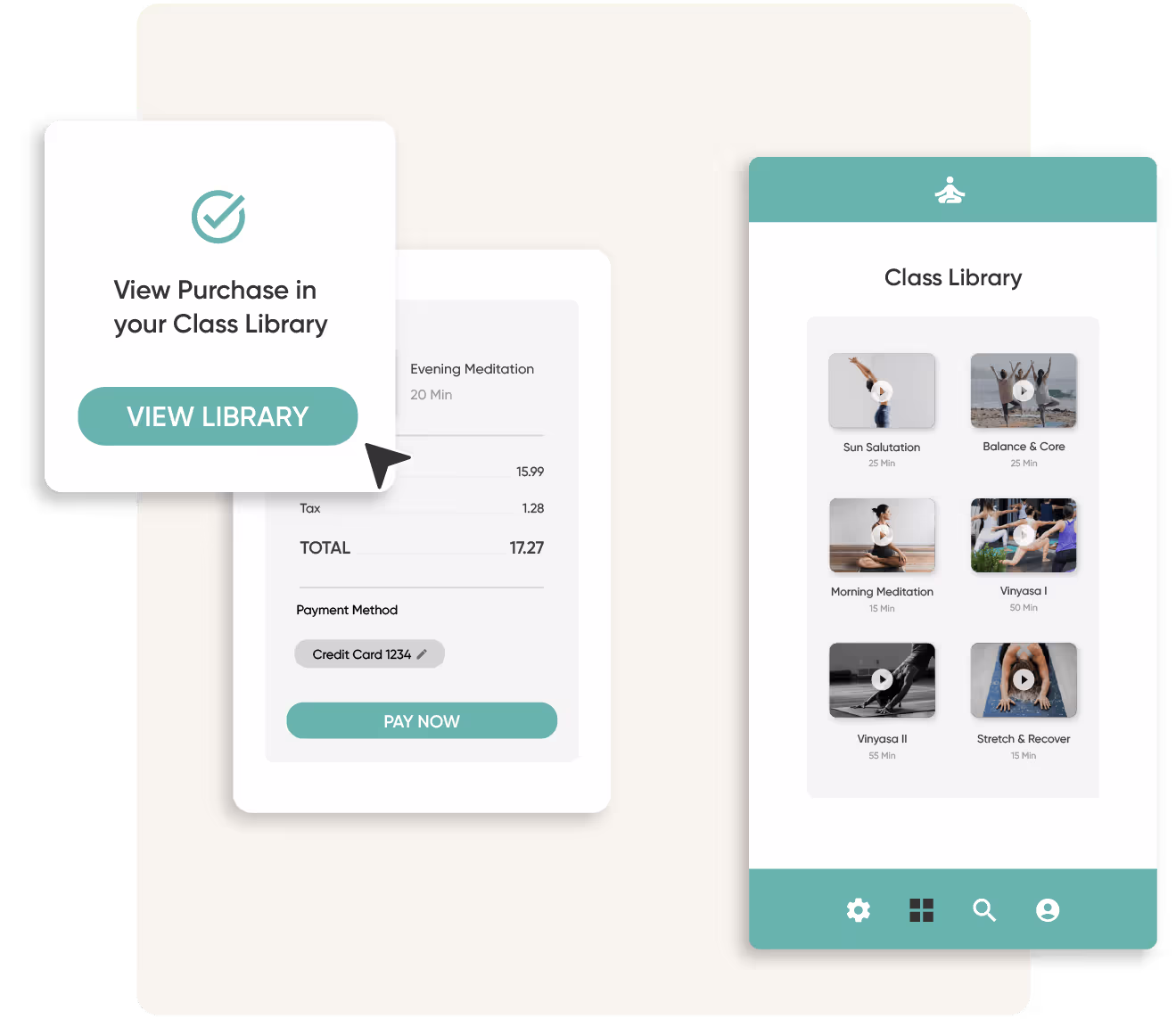 A phone screen shows a library of yoga classes. Next to the phone is a set of payment screens and a cursor purchasing a class from the library. 