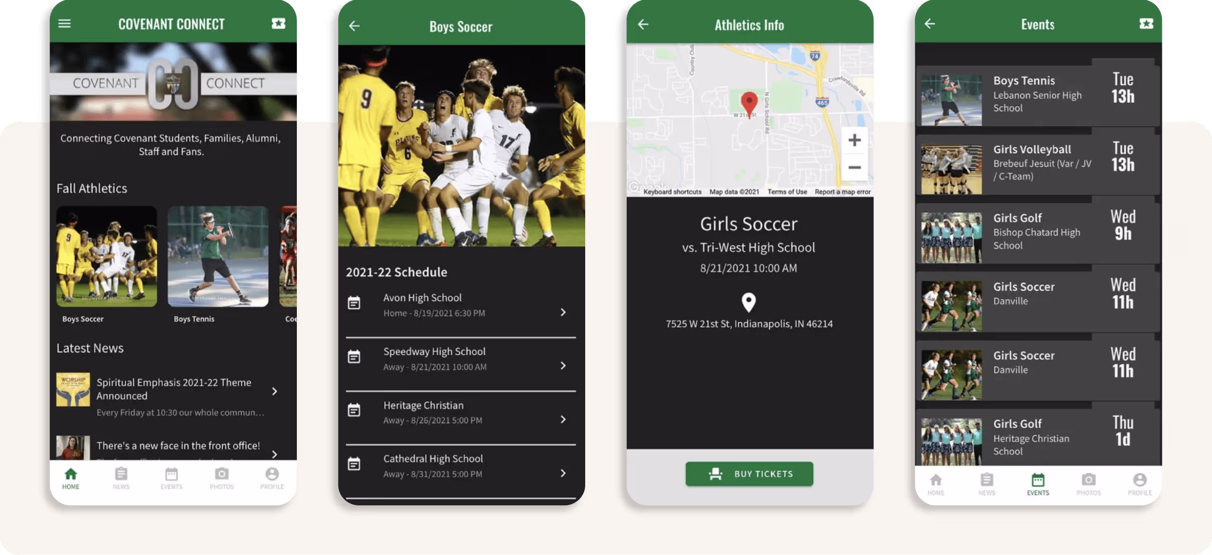 A set of screenshots from the Covenant Connect app. The screens show images and lists of school activities. One screen shows a map with a school activity. 