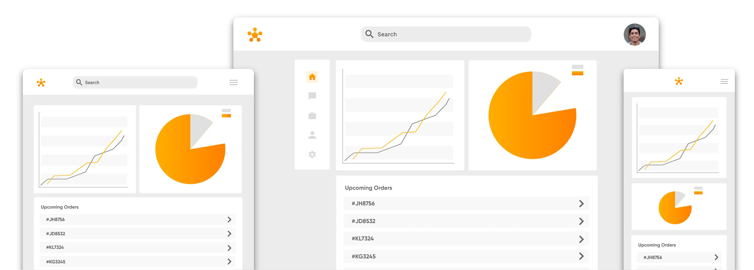 Simplified web, tablet, and phone screens showing a business dashboard. The dashboard has graphs and a list of upcoming orders. 