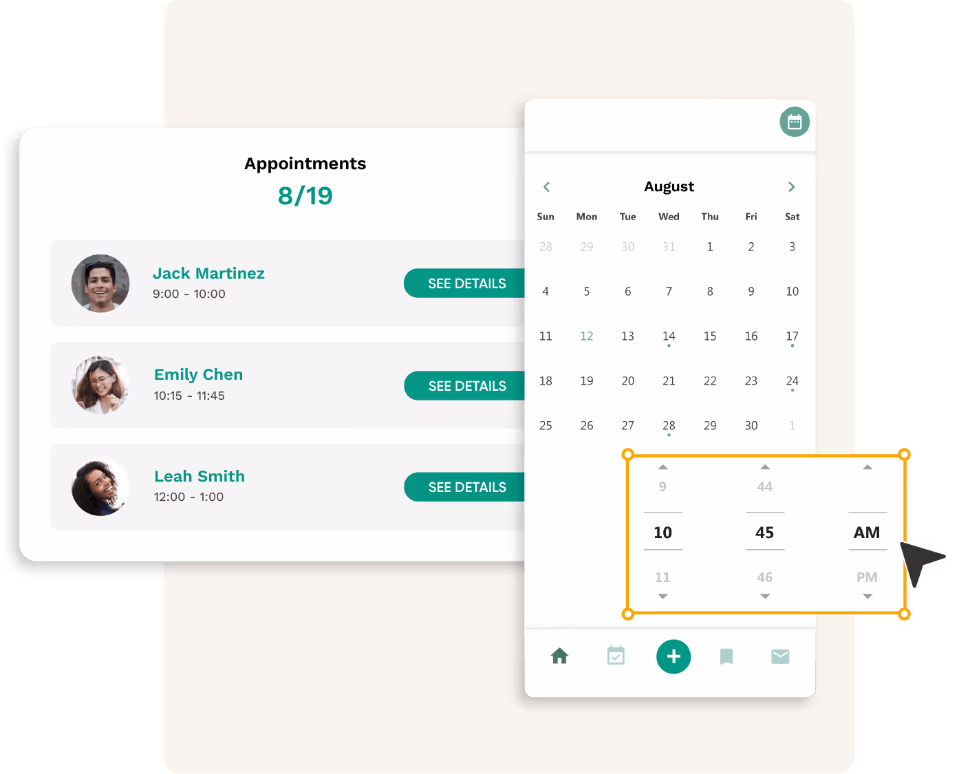A phone screen with a calendar on it sits next to a list of appointment times. A cursor is selecting an appointment time on the phone screen. 