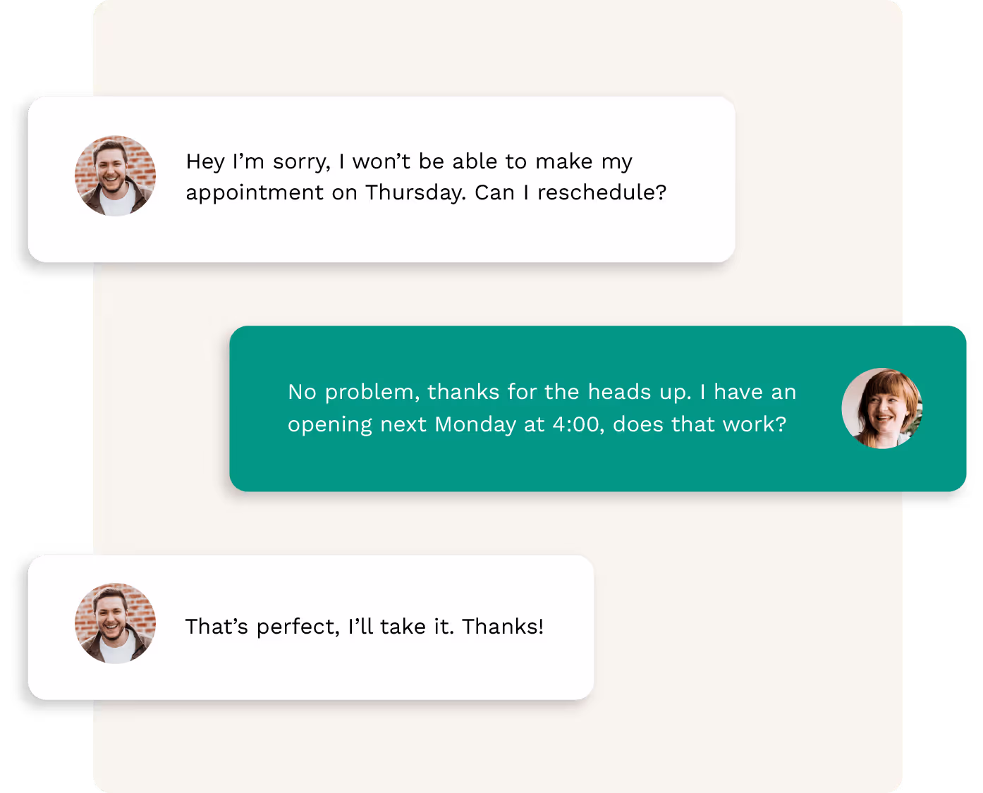Messages between two users. One user needs to reschedule an appointment and the other offers a time to reschedule. 