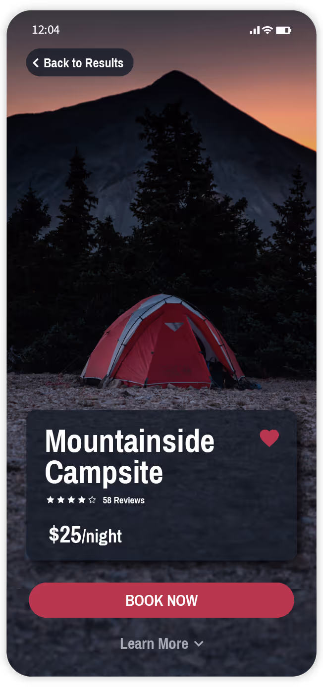 Campsite Rental mobile app built with Adalo