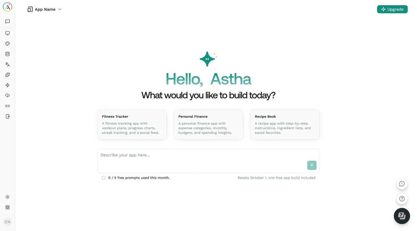 Ada’s prompt screen in Adalo asking what you would like to build